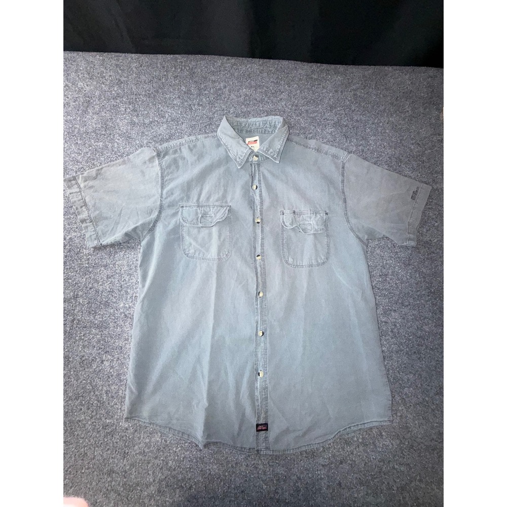 Genuine Dickies Mens XL Blue Gray Short Sleeve Button Down Cotton Work Shirt